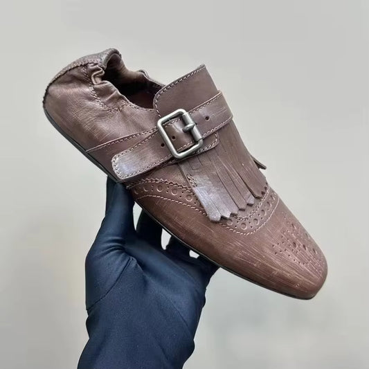 Fringe Buckle-Strap Leather Loafers