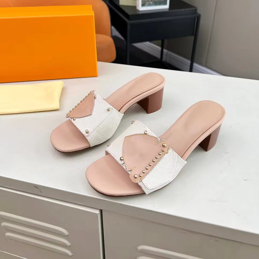 Rivet Leather Mid-Heel Slides