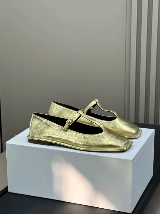 Square T-Strap Leather Flats