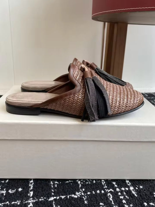 Raffia Tassel Mule Flats