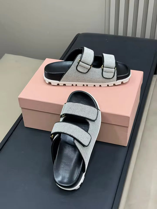 Canvas Beige Slide Sandals