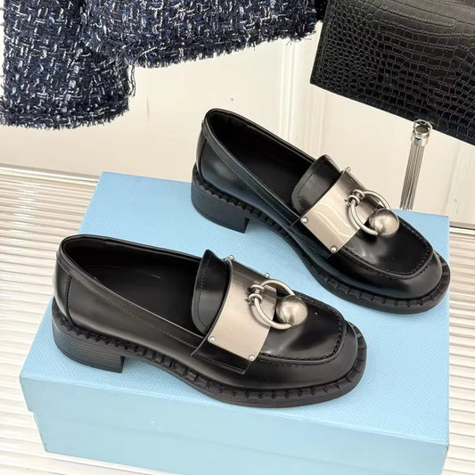 Leather Mid-Heel Loafers with Metal Detail